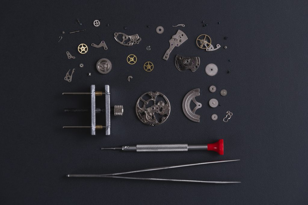 Precision tweezers, screwdrivers, and finger cots—everything you need to become a watchmaker for the day.
